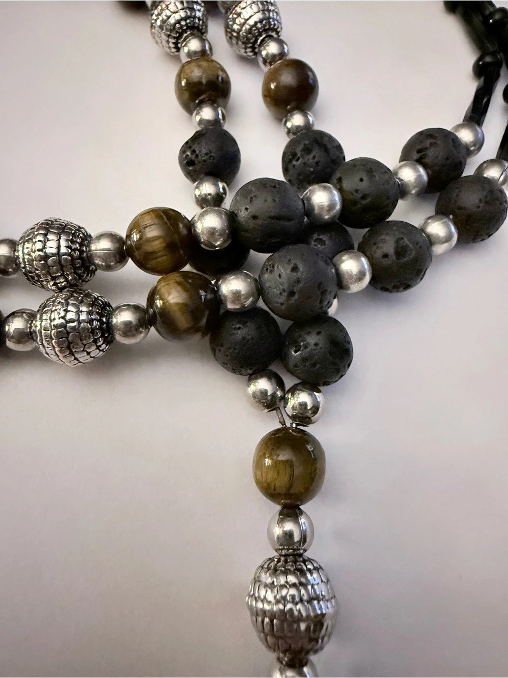 Tiger Eye Beaded Lanyard in Silver, Black & Brown - Picture 3 of 9